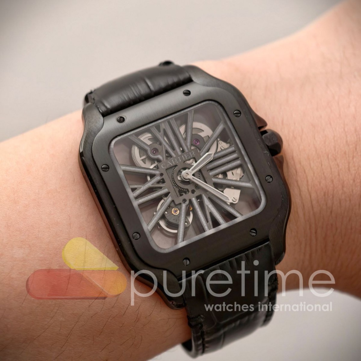 MLF 산토스 드 까르띠에 40미리 라지 PVD블랙 스켈레톤다이얼 블랙가죽스트 Santos de Cartier Skeleton PVD MLF Skeleton Dial on Black Leather Strap 9611MC Super Clone
