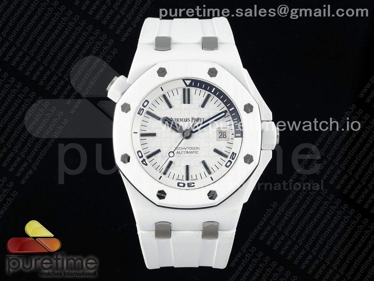 ZF 오데마피게 로얄오크 오프쇼어 다이버 15707 화이트세라믹 화이트다이얼 화이트러버스트랩 Royal Oak Offshore Diver 15707 White Ceramic ZF 1:1 Best Edition SA3120 Super Clone