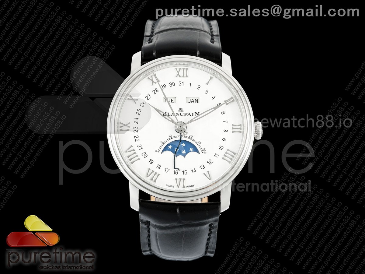 APSF 블랑팡 빌레레 6654 화이트다이얼 블랙가죽스트랩  Villeret 6654 SS Complicated Function APSF 1:1 Best Edition White Dial on Black Leather Strap A6654