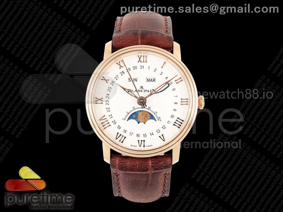 APSF 블랑팡 빌레레 6654 로즈골드 화이트다이얼 브라운가죽스트랩  Villeret 6654 RG Complicated Function APSF 1:1 Best Edition White Dial on Brown Leather Strap A6654