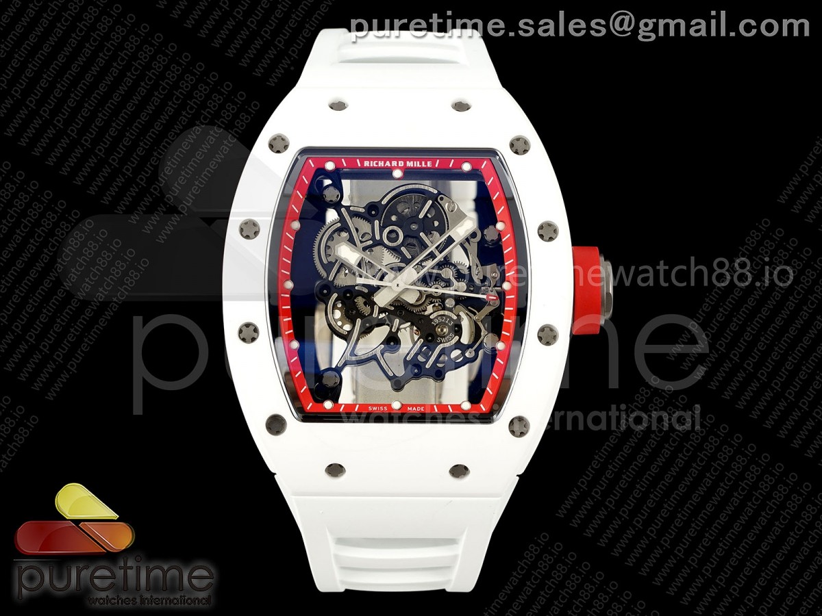 APSF 리차드밀 RM055 화이트세라믹 레드스켈레톤다이얼 화이트러버스트랩 RM055 White Ceramic APSF 1:1 Best Edition Red Inner Bezel on White Rubber Strap RMUL2 Super Clone