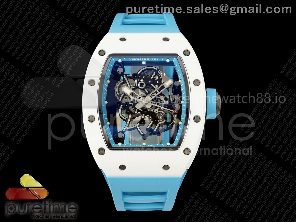 APSF 리차드밀 RM055 화이트세라믹 블루스켈레톤다이얼 블루러버스트랩 RM055 White Ceramic APSF 1:1 Best Edition Blue Inner Bezel on Blue Rubber Strap RMUL2 Super Clone