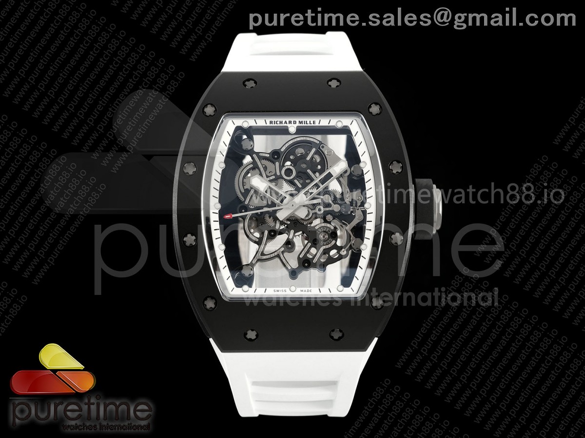 APSF 리차드밀 RM055 블랙세라믹 화이트스켈레톤다이얼 화이트러버스트랩 RM055 Black Ceramic APSF 1:1 Best Edition on White Inner Bezel on White Rubber Strap RMUL2 Super Clone
