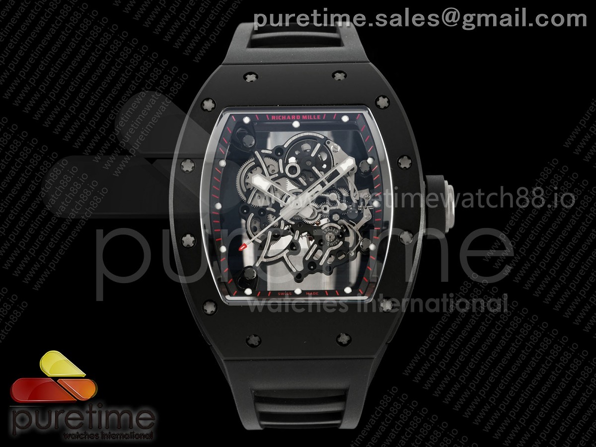 APSF 리차드밀 RM055 블랙세라믹 블랙스켈레톤다이얼 블랙러버스트랩 RM055 Black Ceramic APSF 1:1 Best Edition on Black/Red Inner Bezel on Black Rubber Strap RMUL2 Super Clone