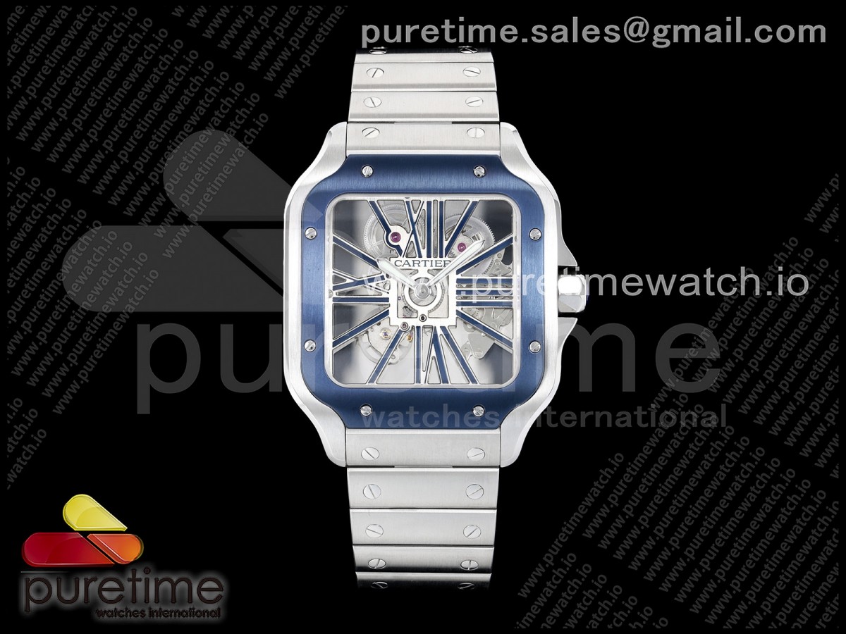 RICH 산토스 드 까르띠에 40미리 블루베젤 스켈레톤다이얼 스틸브레이슬릿(가죽스트랩)  Santos Skeleton SS RICH 1:1 Best Edition Skeleton Dial Blue Bezel 9611MC Super Clone (2 Straps)Straps)