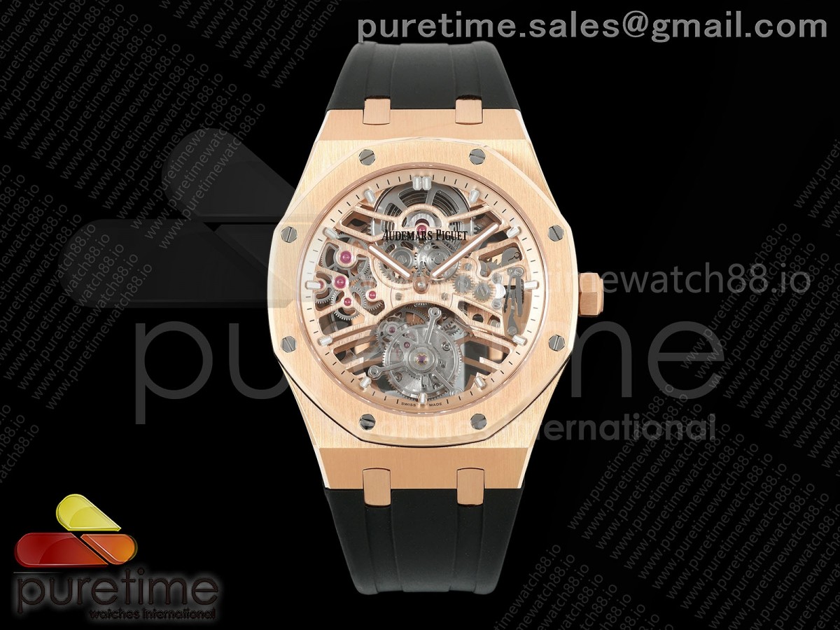 APPF 오데마피게 로얄오크 뚜르비옹 26735 로즈골드 스켈레톤다이얼 블랙러버스트랩 Royal Oak Skeleton Tourbillon RG 26735 APPF Best Edition on Black Rubber Strap