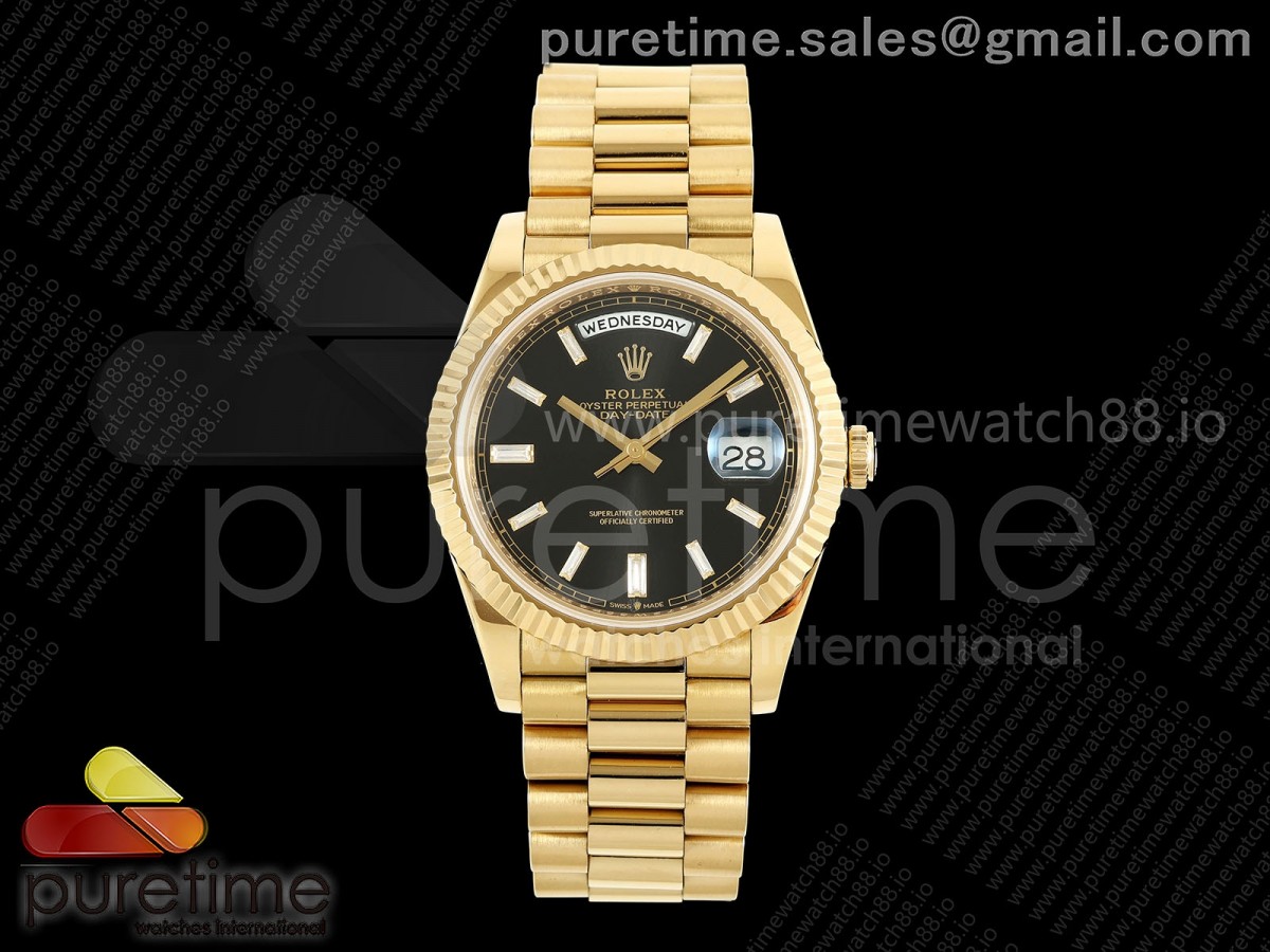 CBDF 롤렉스 데이데이트40 옐로우골드 텅스텐(Cu-W) 블랙바게트다이얼 스틸브레이슬릿 210g Day Date 40 YG CBDF 1:1 Best Edition Black Crystal Dial on President Bracelet VR3255 (210g)