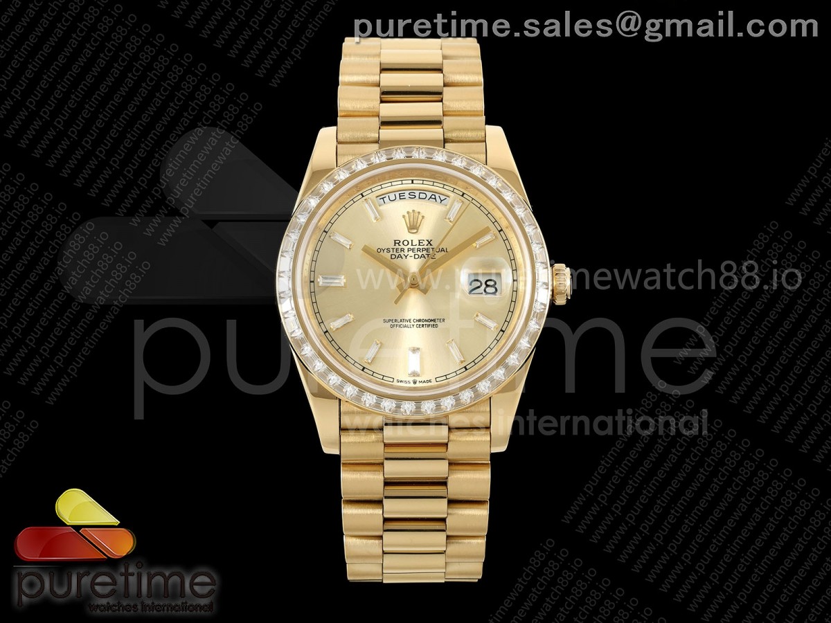 CBDF 롤렉스 데이데이트40 옐로우골드 텅스텐(Cu-W) 다이아베젤 골드바게트다이얼 스틸브레이슬릿 210g Day Date 40 YG CBDF 1:1 Best Edition YG Crystal Dial Diamonds Bezel on President Bracelet VR3255 (210g)