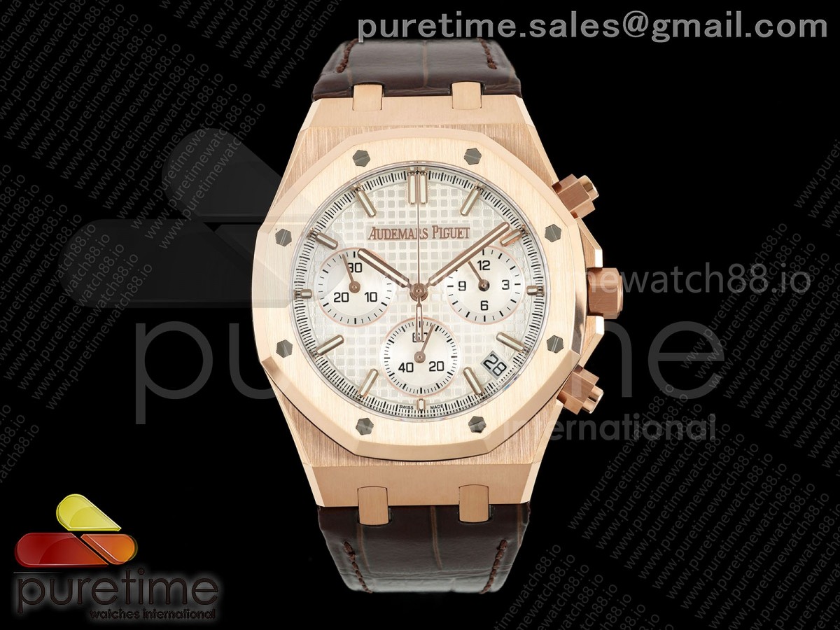DDF 오데마피게 로얄오크 크로노 26240 로즈골드 화이트다이얼 브라운가죽스트랩 175g Royal Oak Chrono 26240 RG DDF 1:1 Best Edition White Dial on Brown Leather Bracelet DD4401 Super Clone (SW Dial)