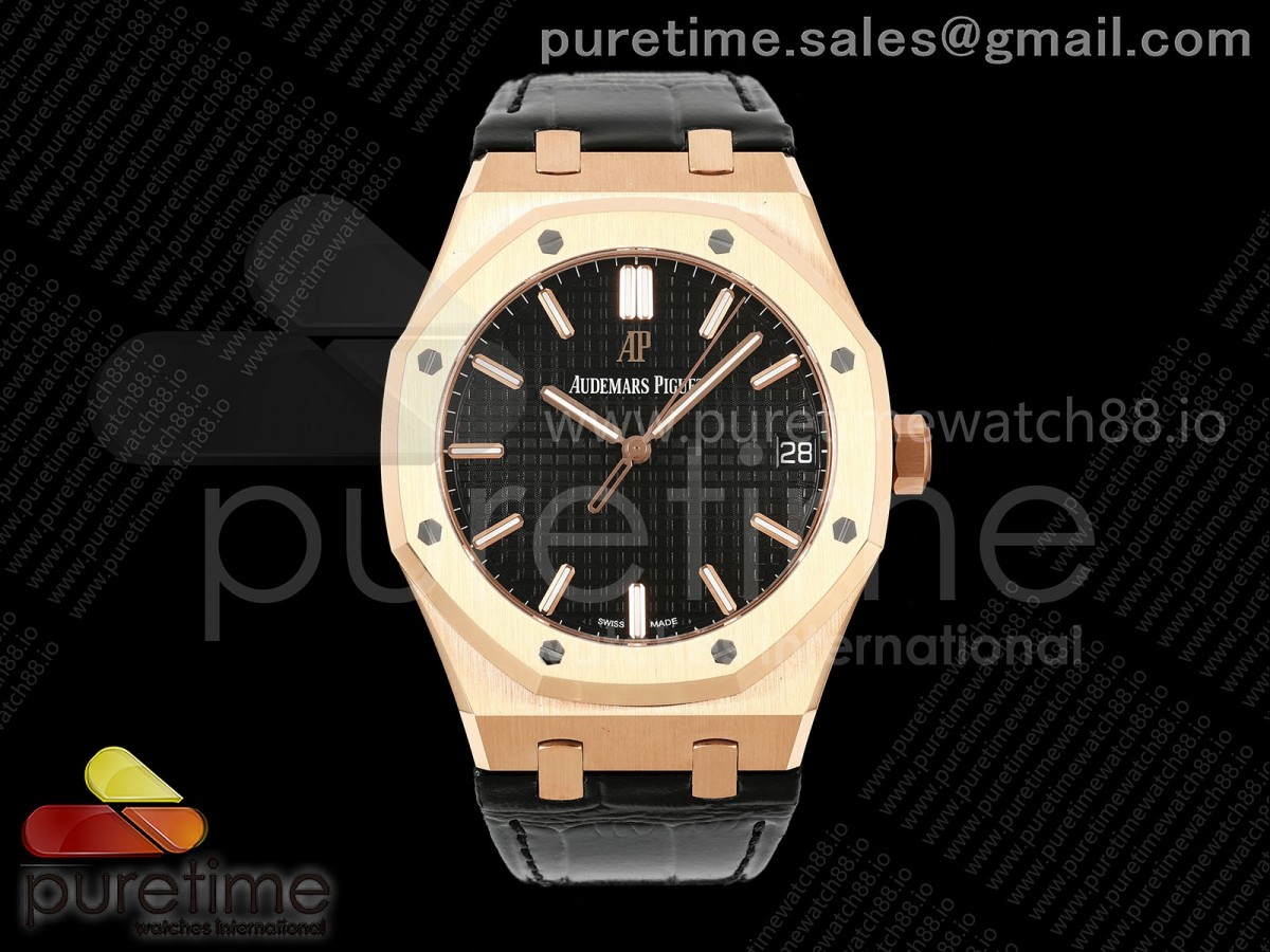 DDF 오데마피게 로얄오크 15500 로즈골드 텅스텐(Cu-W) 블랙다이얼 블랙가죽스트랩 Royal Oak 41mm 15500 RG DDF 1:1 Best Edition Black Dial on Black Leather Strap DD4302 Super Clone (Weighted) Clone (Weighted)