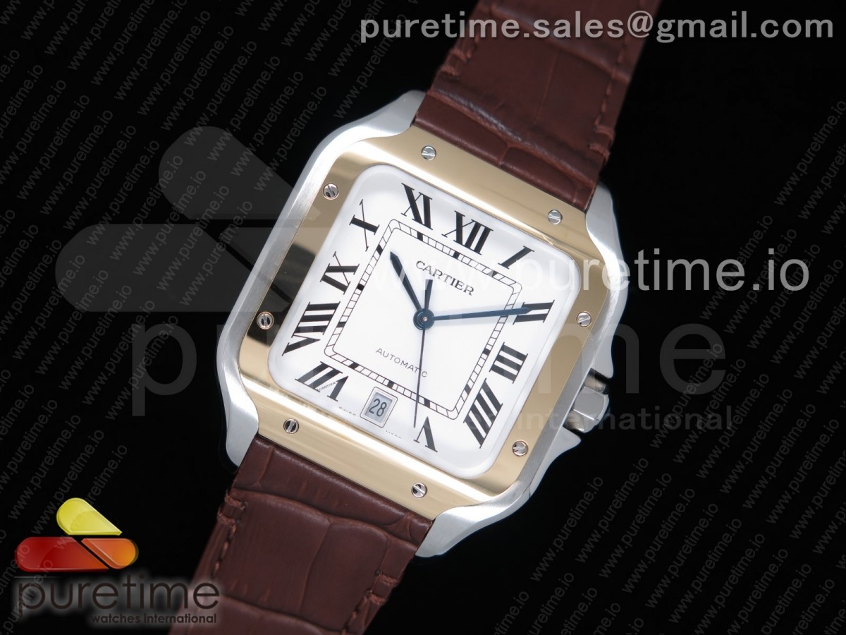 V6F 산토스 드 까르띠에 골드콤비 라지 40미리 가죽스트랩 Santos de Cartier 40mm 2018 V6F 1:1 Best Edition White Dial YG Bezel on Deep Brown Leather Strap MIYOTA 9015