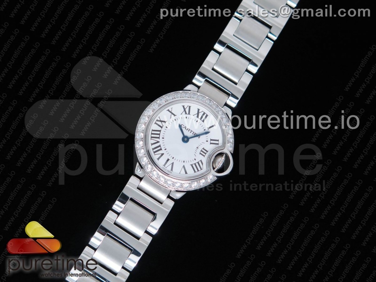 V6F 발롱블루 28미리 화이트다이얼 다이아 베젤 Ballon Bleu 28mm SS V6F 1:1 Best Edition White Dial Diamonds Bezel on SS Bracelet Ronda Quartz