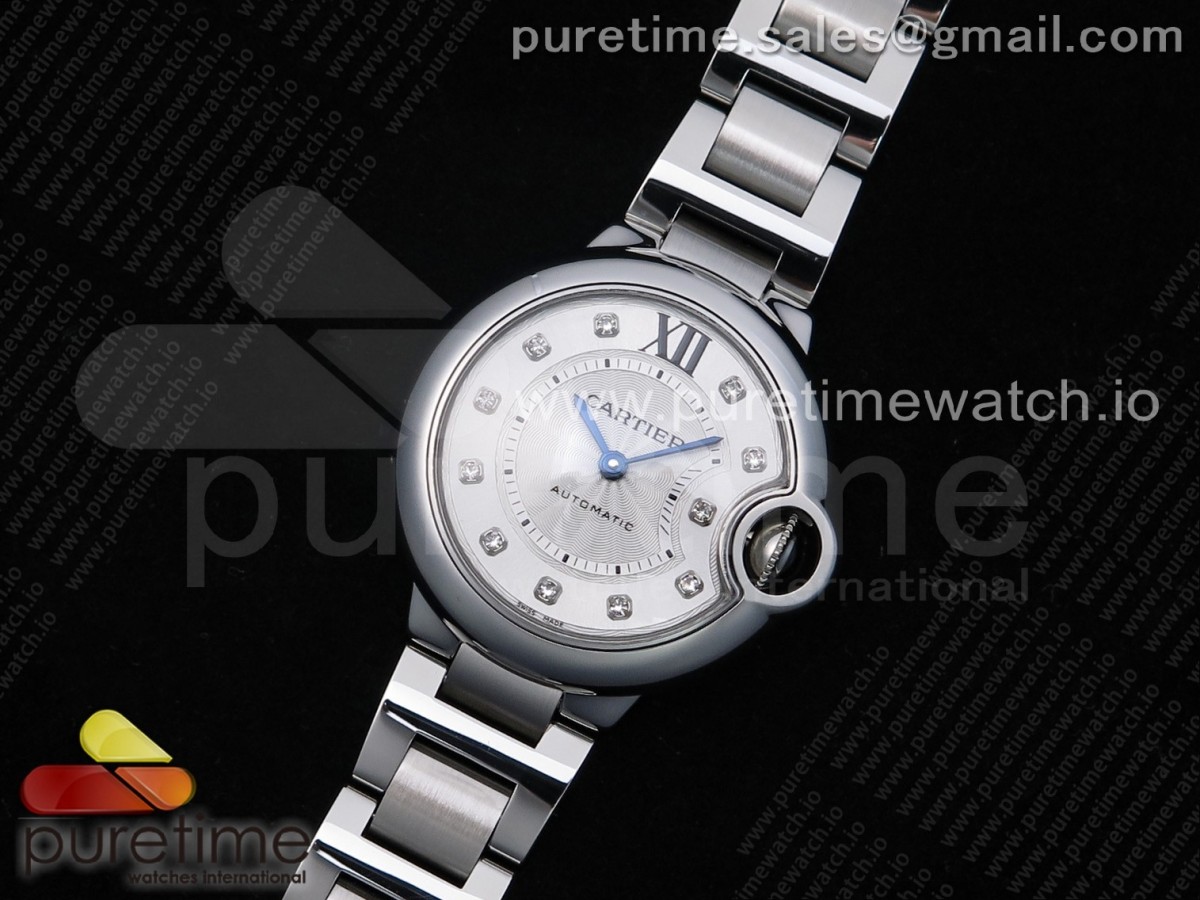 V6F 발롱블루 33미리 오토매틱 화이트다이얼 다이아인덱스 스틸 브레이슬릿 Ballon Bleu 33mm SS V6F Best Edition White Textured Dial Diamonds Markers on SS Seiko NH05