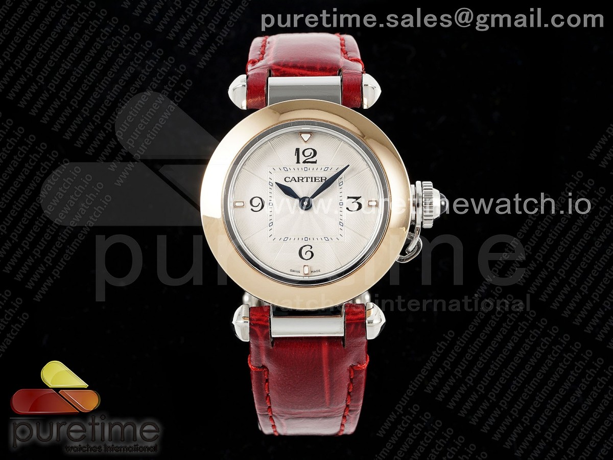 AF 까르띠에 파샤 30미리 로즈골드콤비 화이트다이얼 레드가죽스트랩  Pasha 30mm SS/RG AF 1:1 Best Edition White Textured Dial on Red Leather Strap Jaq Quartz