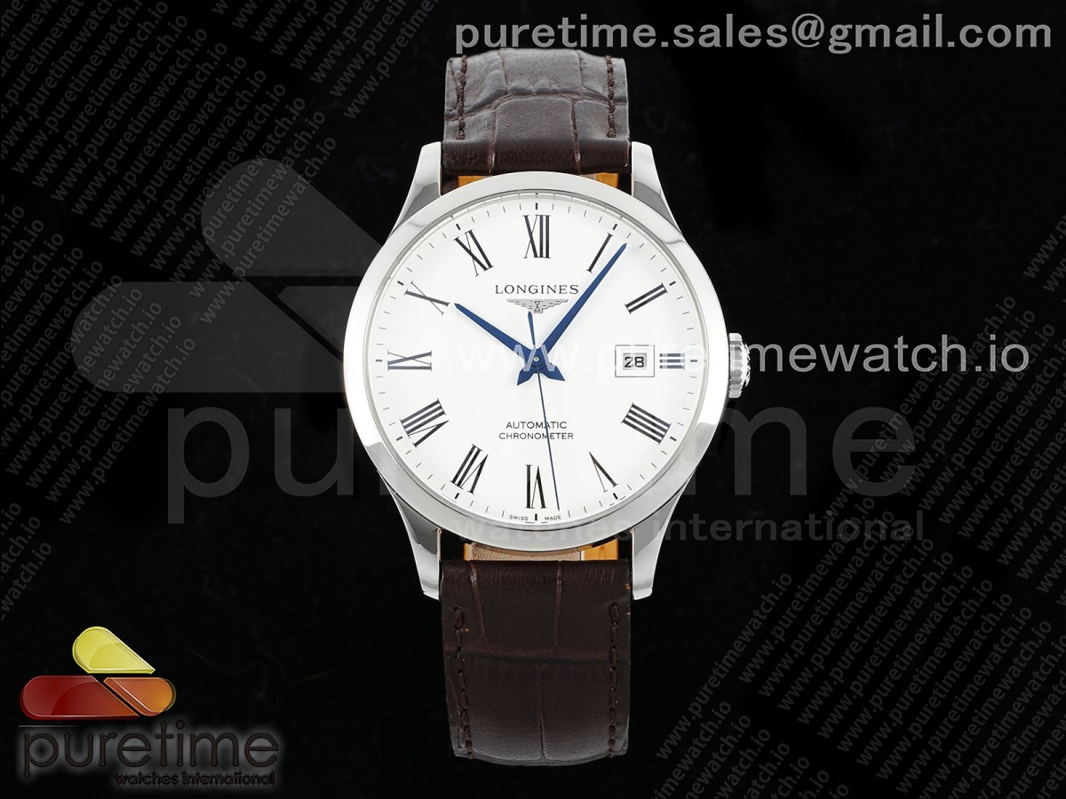 AF 론진 레코드 화이트다이얼 브라운가죽스트랩 Record 40mm SS AF 1:1 Best Edition White Dial on Brown Leather Strap A2892