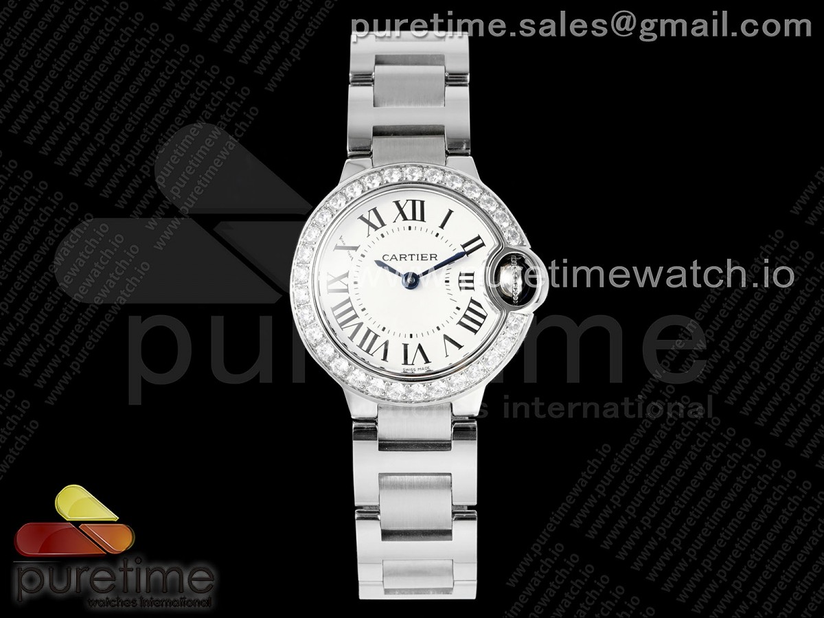 AF 까르띠에 발롱블루 28미리 화이트다이얼 다이아베젤 스틸브레이슬릿 Ballon Bleu Ladies 28mm SS AF 1:1 Best Edition White Dial Big Diamonds Bezel on SS Bracelet Ronda Quartz