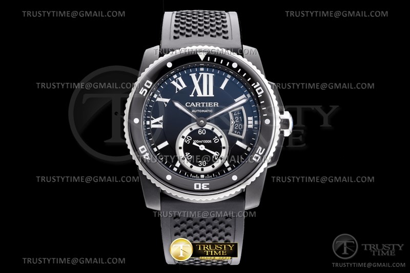 F5F 칼리브 드 까르띠에 DLC블랙 블랙다이얼 블랙러버스트랩 Calibre de Cartier Diver Black SS/RU F5F Asian 1904