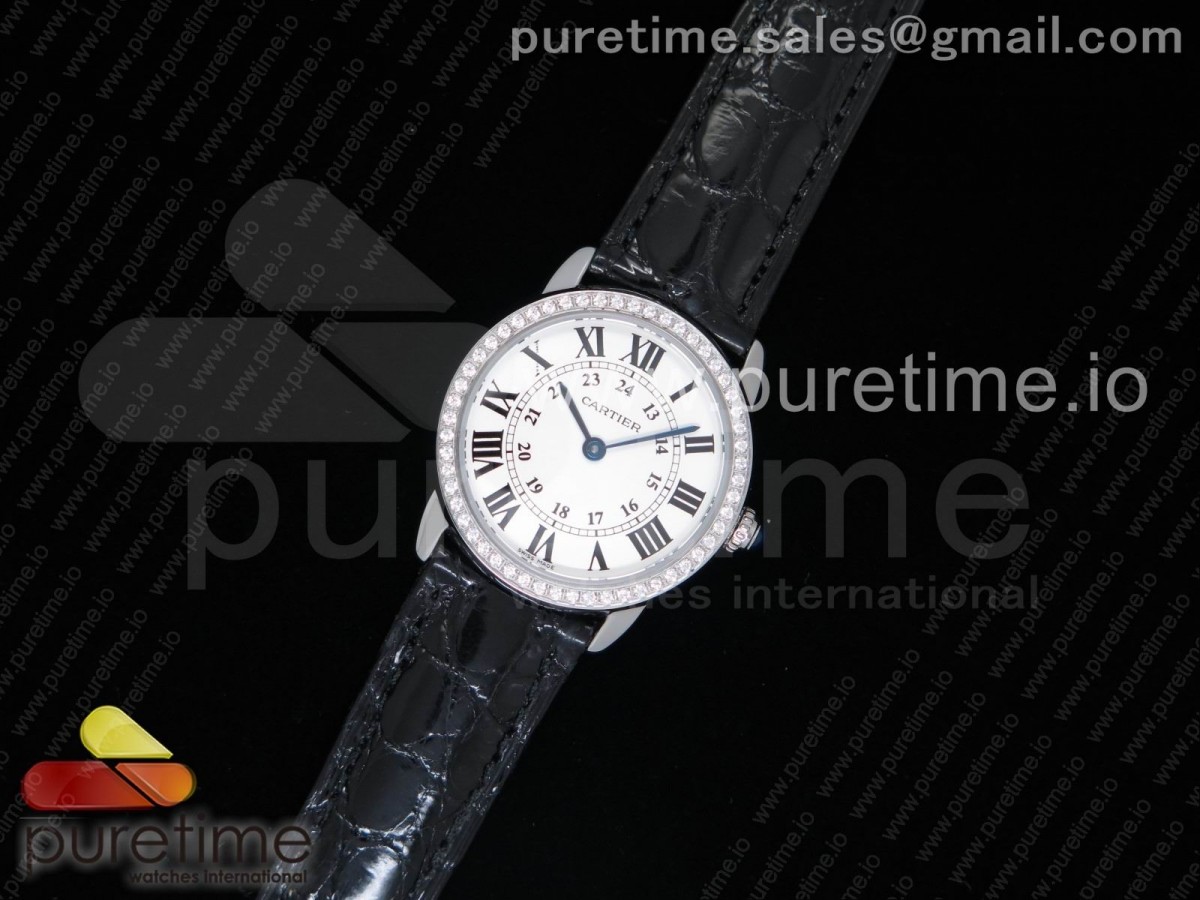 K11F 롱드솔로 스몰 29미리 화이트다이얼 다이아베젤 블랙악어가죽스트랩 Ronde Solo De Cartier 29mm SS K11 Maker White Dial Diamonds Bezel on Black Crocodile Strap Ronda