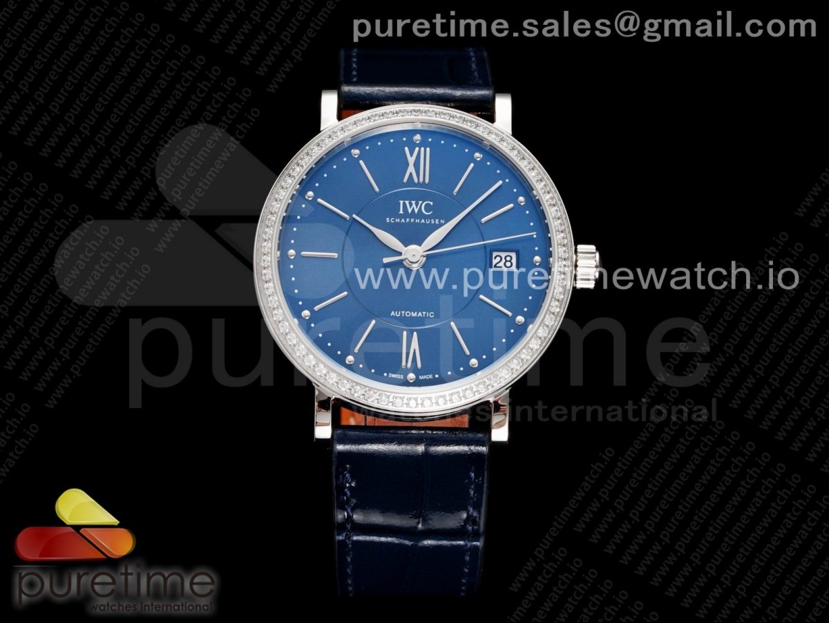 V7F IWC 포르토피노 37미리 블루다이얼 다이아베젤 블루가죽스트랩 Portofino 37mm SS V7F 1:1 Best Edition Blue Dial Diamonds Bezel on Blue Leather Strap A2892