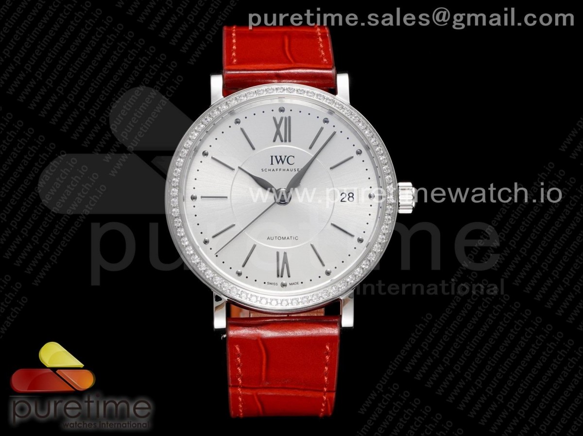 V7F IWC 포르토피노 37미리 화이트다이얼 다이아베젤 레드가죽스트랩 Portofino 37mm SS V7F 1:1 Best Edition White Dial Diamonds Bezel on Red Leather Strap A2892