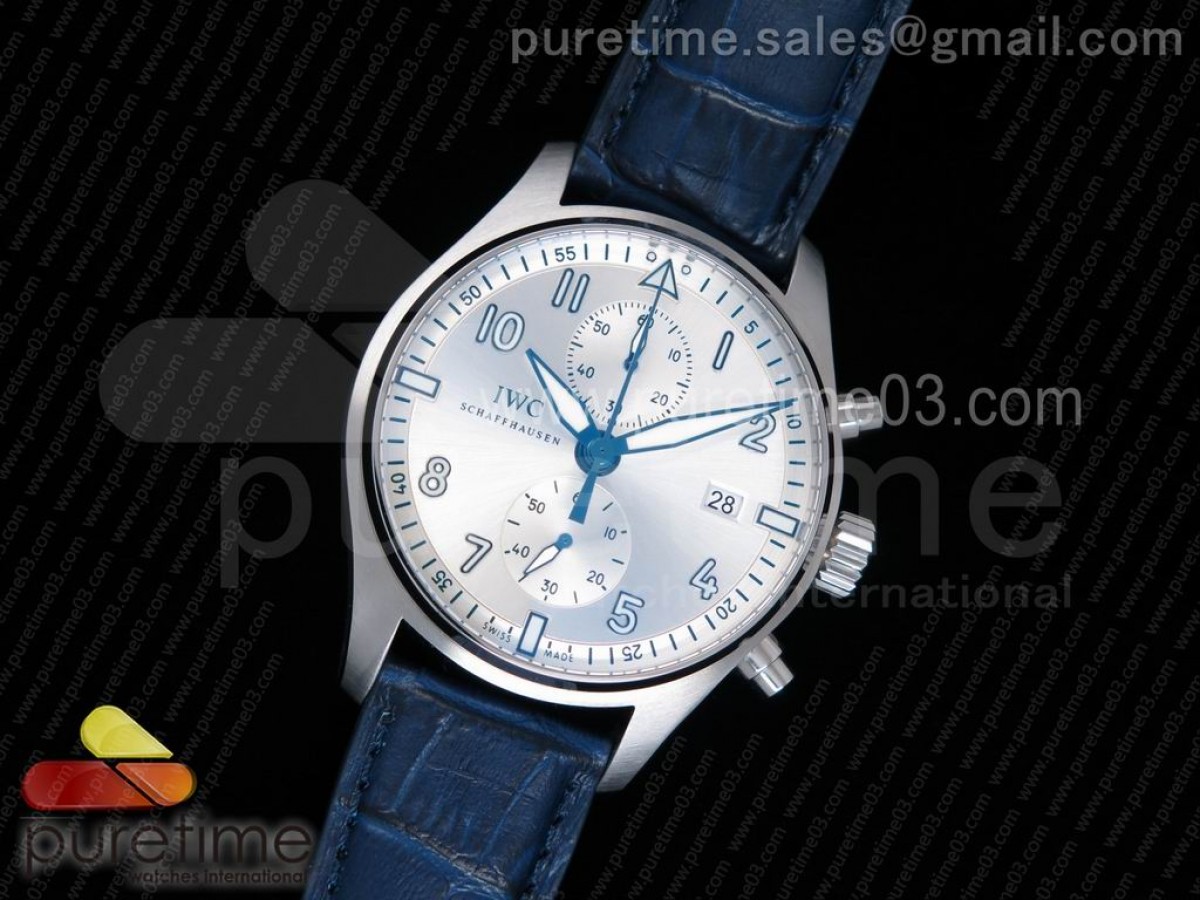 ZF IWC 파일럿 크로노 실버다이얼 블루가죽스트랩 Pilot Chrono SS IW387812 ZF 1:1 Best Edition Silver Dial on Blue Leather Strap A7750