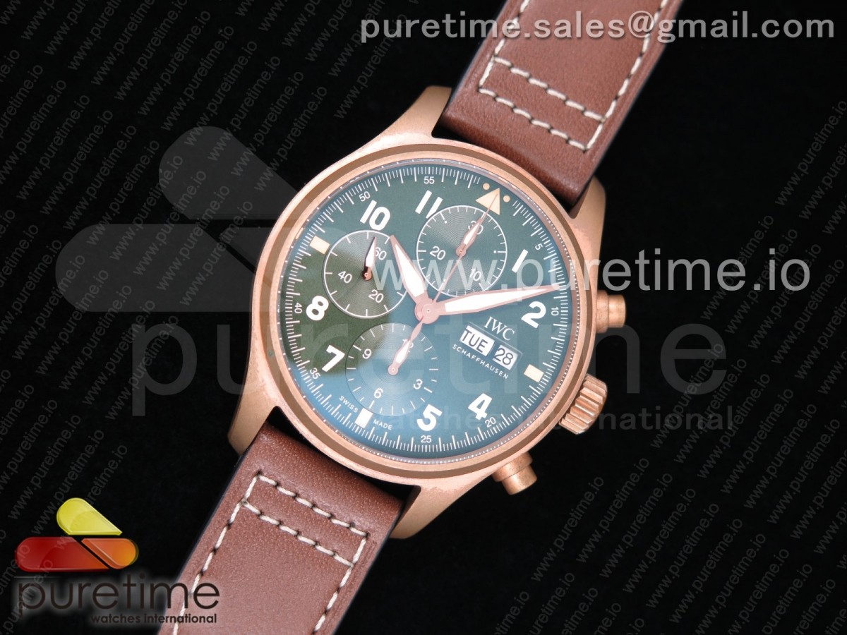 AIF IWC 크로노 스핏파이어 브론조 그린다이얼 브라운가죽스트랩 Pilot Chrono Spitfire IW387902 Bronze AIF Best Edition Green Dial on Brown Leather Strap A7750