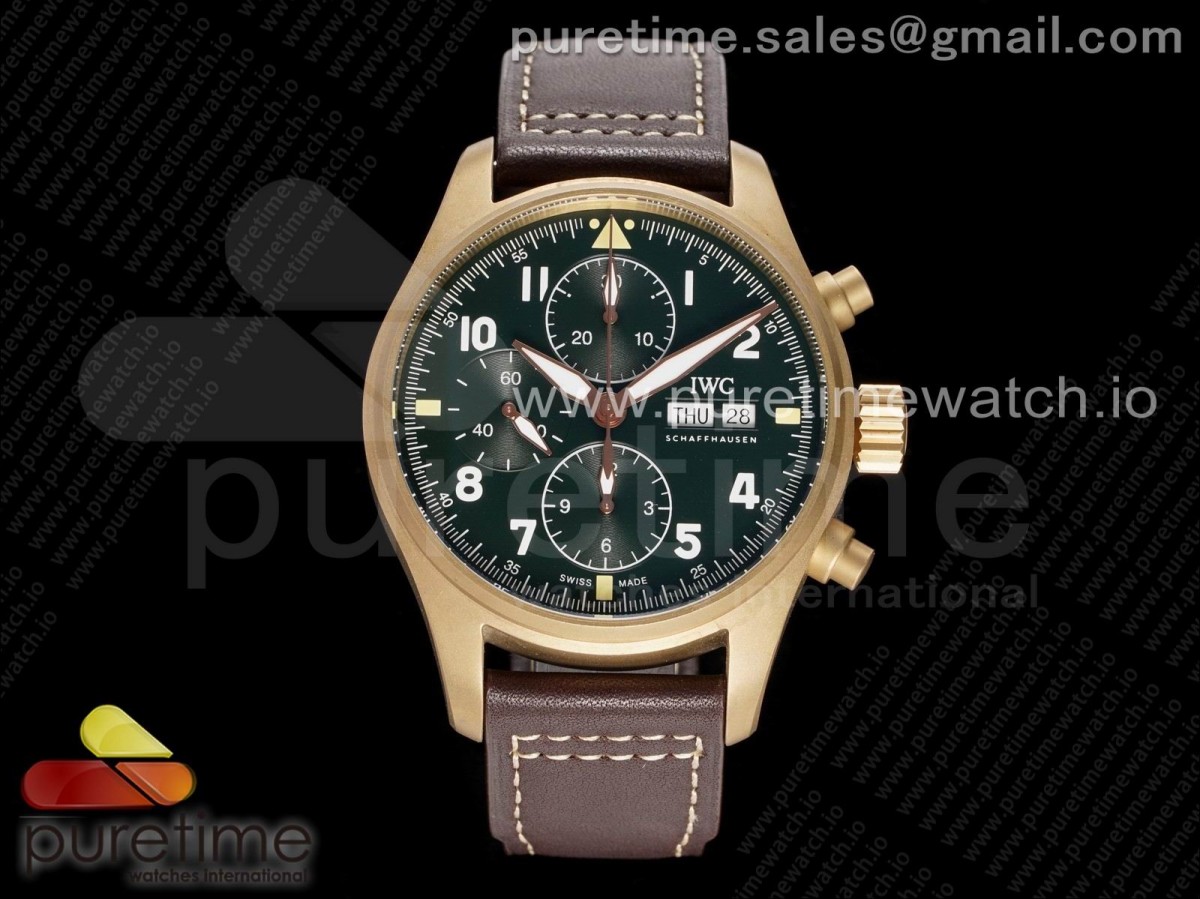 AZF IWC 파일럿 크로노 스핏파이어 브론조 그린다이얼 브라운가죽스트랩 Pilot Chrono Spitfire IW387902 Bronze AZF 1:1 Best Edition Green Dial on Brown Leather Strap A7750