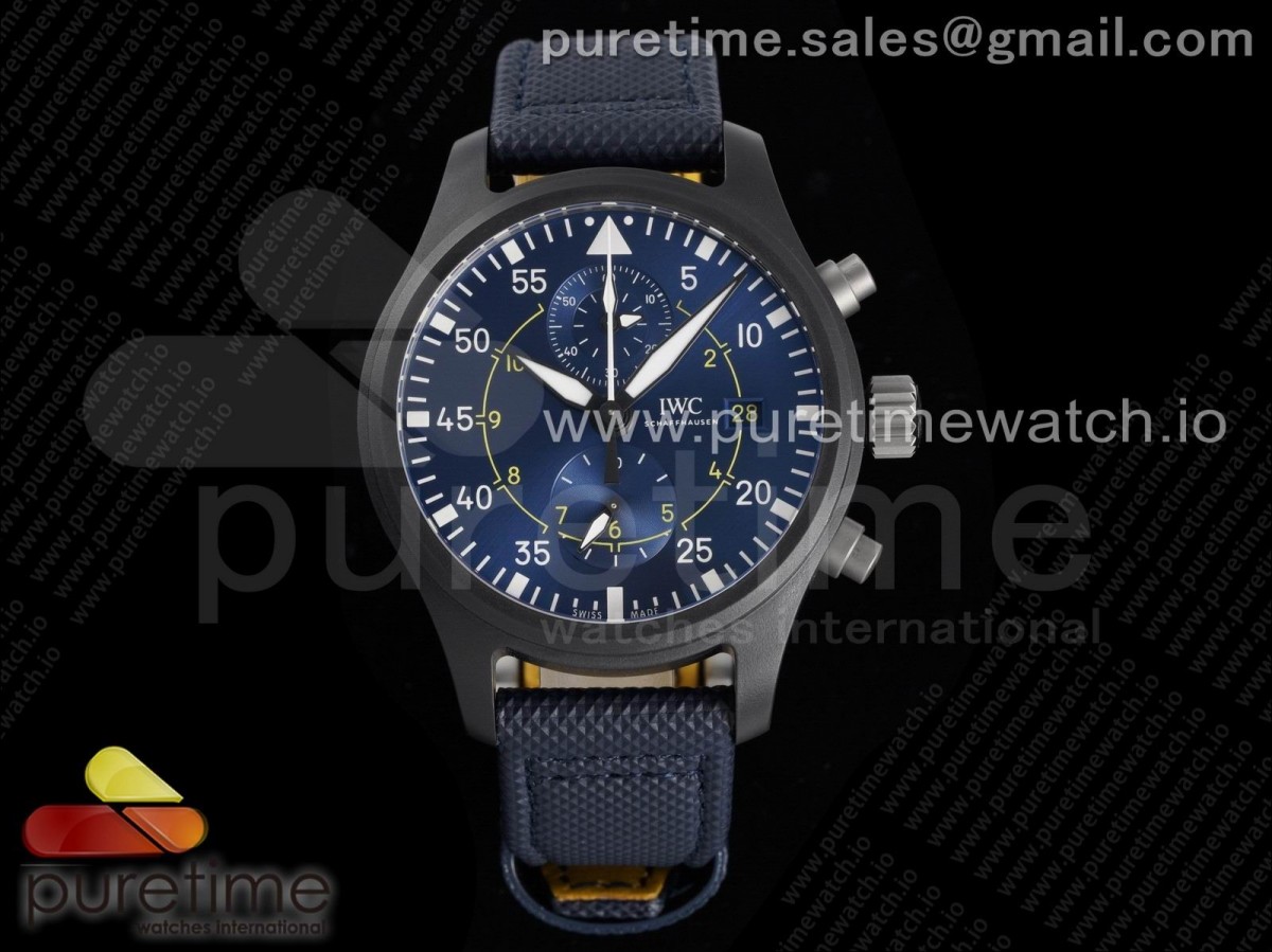 ZF IWC 파일럿 크로노 블루엔젤 블랙세라믹 블루다이얼 블루나일론스트랩 Pilot Chrono "Blue Angels" Black Ceramic ZF Best Edition on Blue Leather Strap A7750