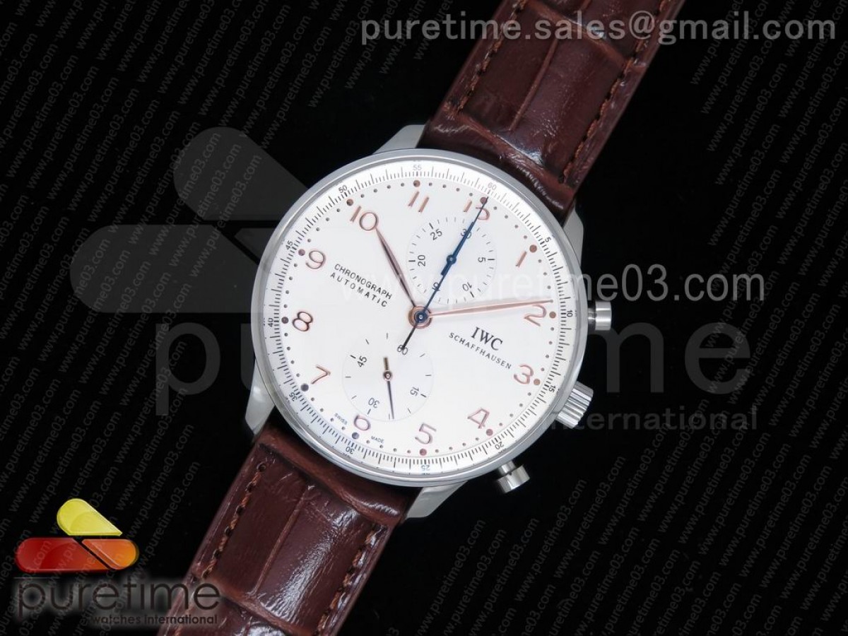 YLF IWC 포르투기저 크로노그래프 화이트다이얼 로즈골드핸즈 브라운가죽스트랩 Portuguese Chrono IW3714 White Dial RG Markers YLF 1:1 Best Edition on Brown Leather Strap A7750 (Same Thickness as Genuine)