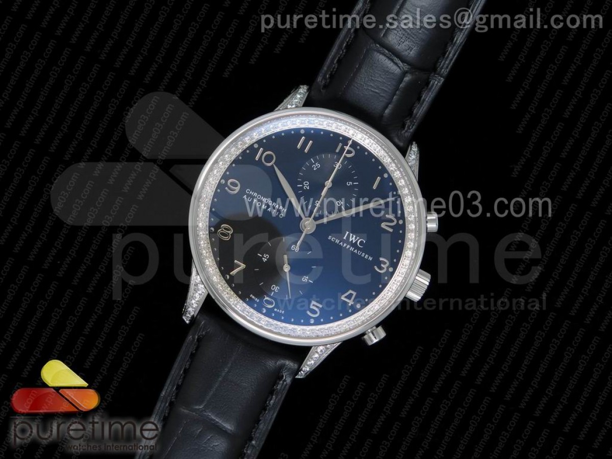 ZF IWC 포르투기저 크로노그래프 블랙다이얼 다이아베젤 블랙가죽스트랩 Portuguese Chrono IW371447 ZF 1:1 Best Edition Diamonds Bezel on Black Leather Strap A7750 (Same Thickness as Genuine)