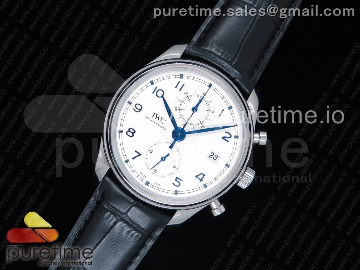 ZF IWC 포르투기저 크로노 클래식42 화이트다이얼 블루핸즈 블랙가죽스트랩 Portugieser Chrono Classic 42 IW390302 ZF 1:1 Best Edition White Dial Blue Markers on Black Leather Strap A7750