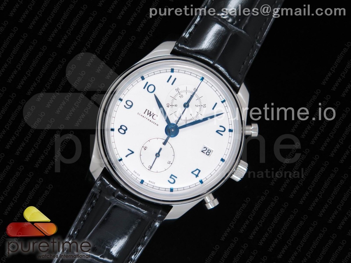 YLF IWC 포르투기저 크로노 클래식42 화이트다이얼 블루핸즈 블랙가죽스트랩 Portugieser Chrono Classic 42 IW3903 YLF Best Edition White Dial Blue Markers on Black Leather Strap A7750