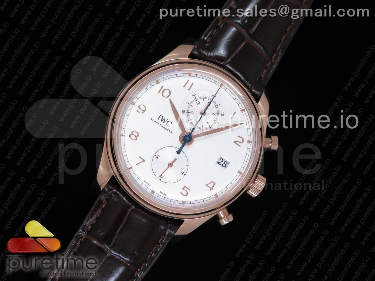 YLF IWC 포르투기저 크로노 클래식42 로즈골드 화이트 다이얼 브라운가죽스트랩 Portugieser Chrono Classic 42 RG IW3903 YLF Best Edition White Dial on Brown Leather Strap A7750