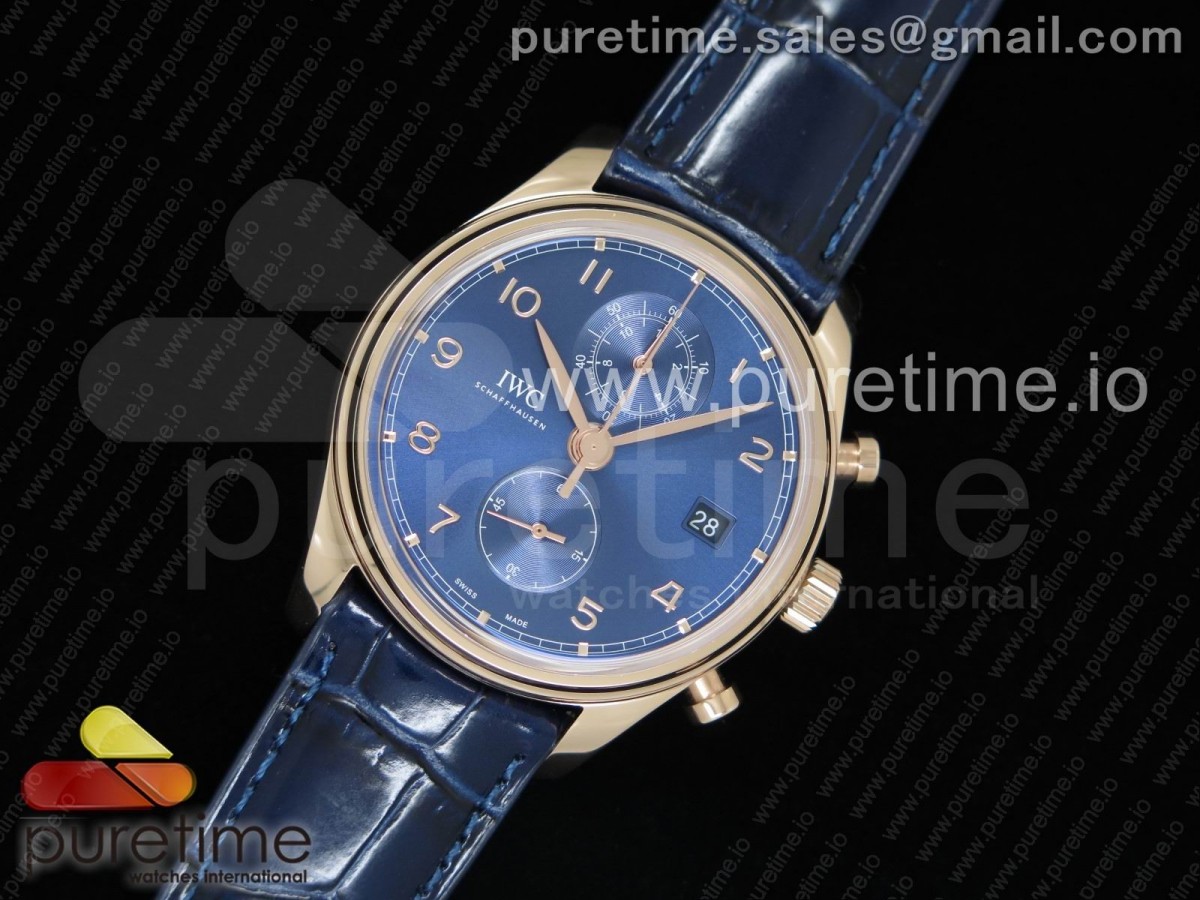 YLF IWC 포르투기저 크로노 클래식42 로즈골드 블루다이얼 블랙가죽스트랩 Portugieser Chrono Classic 42 RG IW3903 YLF Best Edition Blue Dial on Blue Leather Strap A7750