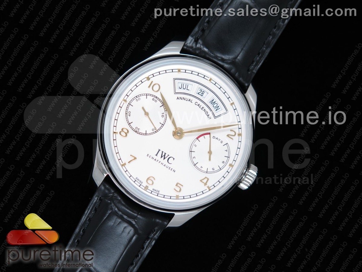 YLF V2 IWC 포르투기저 애뉴얼 캘린더 화이트다이얼 골드핸즈 블랙가죽스트랩 Portuguese Real PR Real Annual Calendar IW5035 YLF 1:1 Best Edition White Dial YG Markers on Black Leather Strap A52850 V2