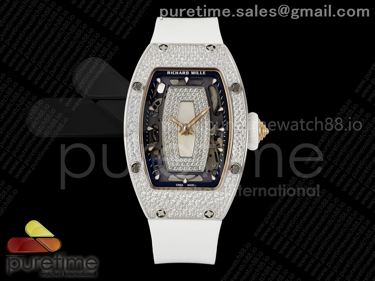 ZF 리차드밀 레이디 RM07 스노우다이아 화이트다이얼 화이트러버스트랩 RM07 Ladies Snow Diamonds SS ZF 1:1 Best Edition White Dial on White Rubber Strap CRMA2 Clone