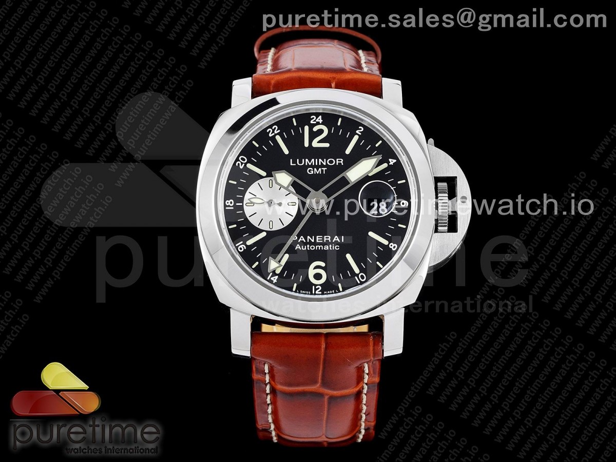 (NEW) VSF 파네라이 루미노르 GMT 44미리 PAM088 블랙다이얼 브라운가죽스트랩 PAM088 R Luminor GMT 44mm VSF 1:1 Best Edition on Brown Leather Strap P.9001 Super Clone