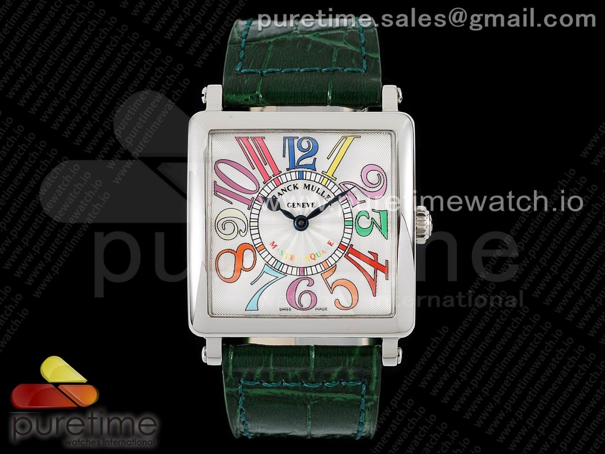 ZF 프랭크뮬러 마스터스퀘어 컬러풀아라빅다이얼 그린가죽스트랩 Master Square SS Ladies ZF 1:1 Best Edition White Colorful Arabic Dial on Green Leather Strap Ronda Quartz