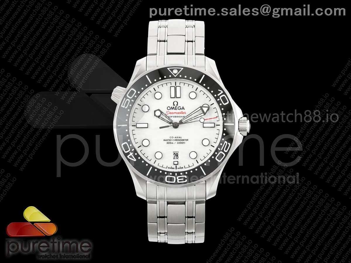 (NEW) VSF V4 오메가 씨마스터 다이버300M 화이트다이얼 스틸브레이슬릿 Seamaster Diver 300M VSF 1:1 Best Edition Black Ceramic White Dial on SS Bracelet SA8800 Super Clone V4