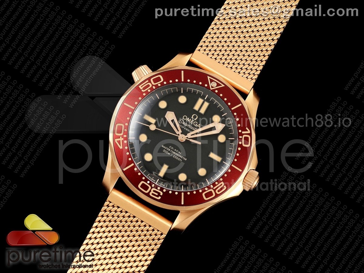 (NEW) VSF V4 오메가 씨마스터300M 다이버 브론조골드 블랙다이얼 쉬스틸브레이슬릿 Seamaster 300M Diver Bronze Gold VSF 1:1 Best Edition Black Dial on Mesh Bracelet SA8806 Super Clone V4