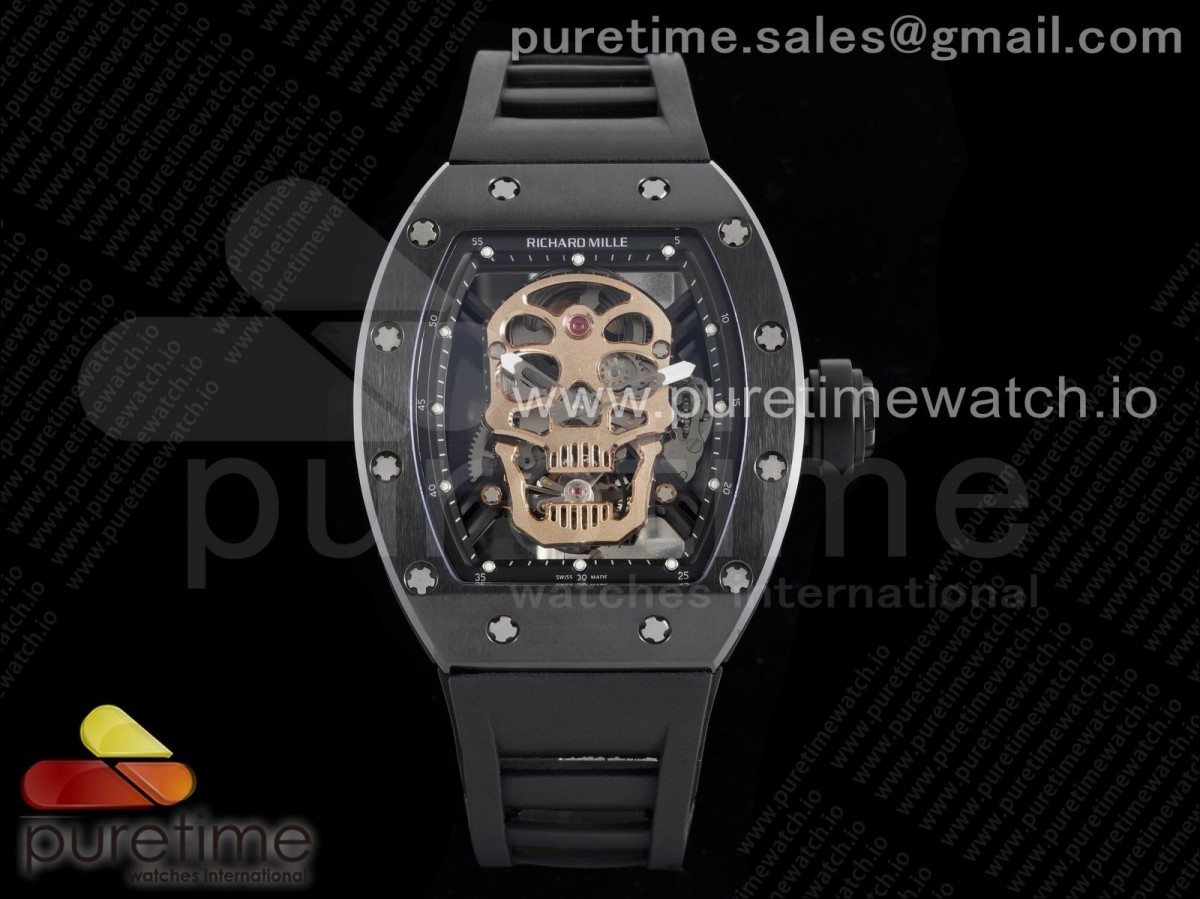 JBF 리차드밀 RM052 블랙세라믹 뚜르비옹 스켈레톤 스컬다이얼 블랙러버스트랩 RM052 Skull Brushed Black Ceramic Real Tourbillon JBF 1:1 Best Edition RG Skull Dial on Black Rubber Strap