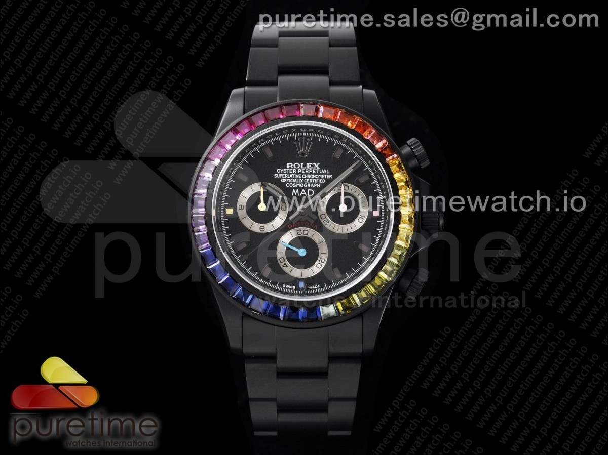 TWF 롤렉스 데이토나 PVD올블랙 레인보우 블랙다이얼 스틸브레이슬릿 Rolex Daytona Rainbow Black 'MAD' PVD TWF Best Edition on PVD Bracelet A7750