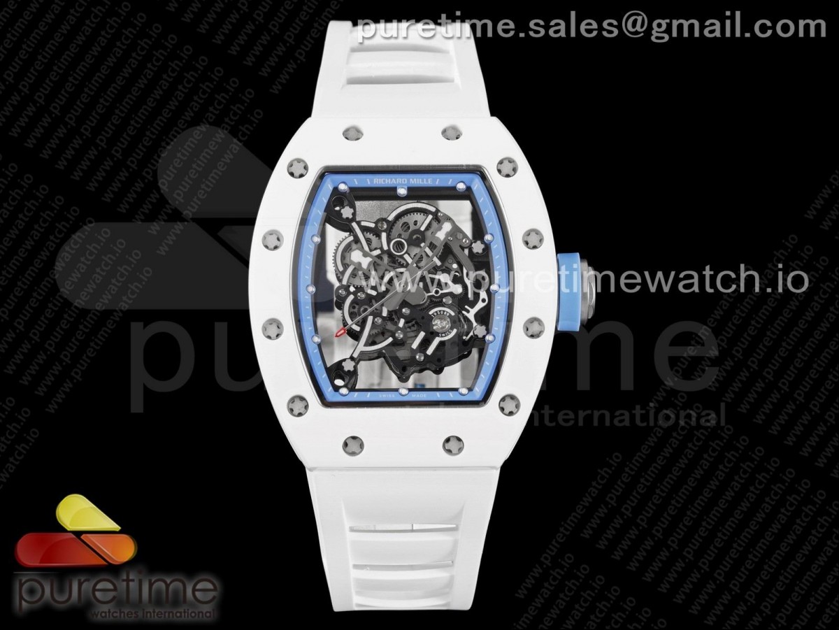 KVF V3 리차드밀 RM055 화이트세라믹 블루스켈레톤다이얼 화이트러버스트랩 RM055 White Ceramic KVF Best Edition Skeleton Dial Blue on White Rubber Strap MIYOTA8215 V3