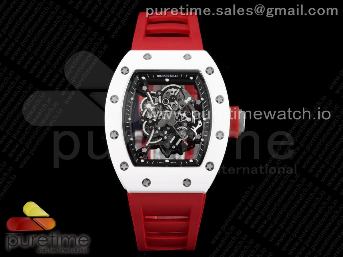 KVF V3 리차드밀 RM055 화이트세라믹 블랙스켈레톤다이얼 레드러버스트랩 RM055 White Ceramic KVF Best Edition Skeleton Dial Black on Red Rubber Strap MIYOTA8215 V3