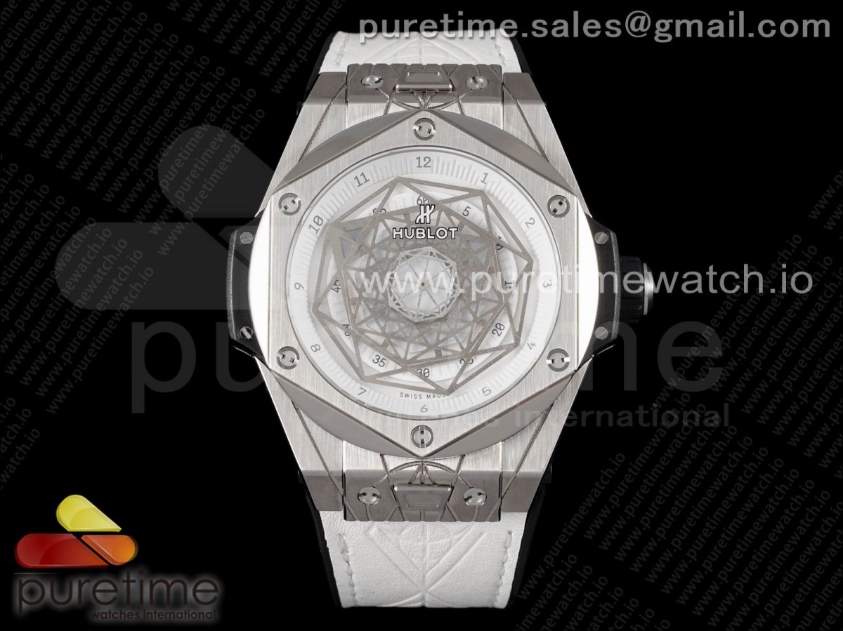 HBF 위블로 유니코 생블루 티타늄 스켈레톤다이얼 화이트거미스트랩 Big Bang Unico Sang Bleu Titanium HBF Skeleton Dial on White Gummy Strap HUB1213