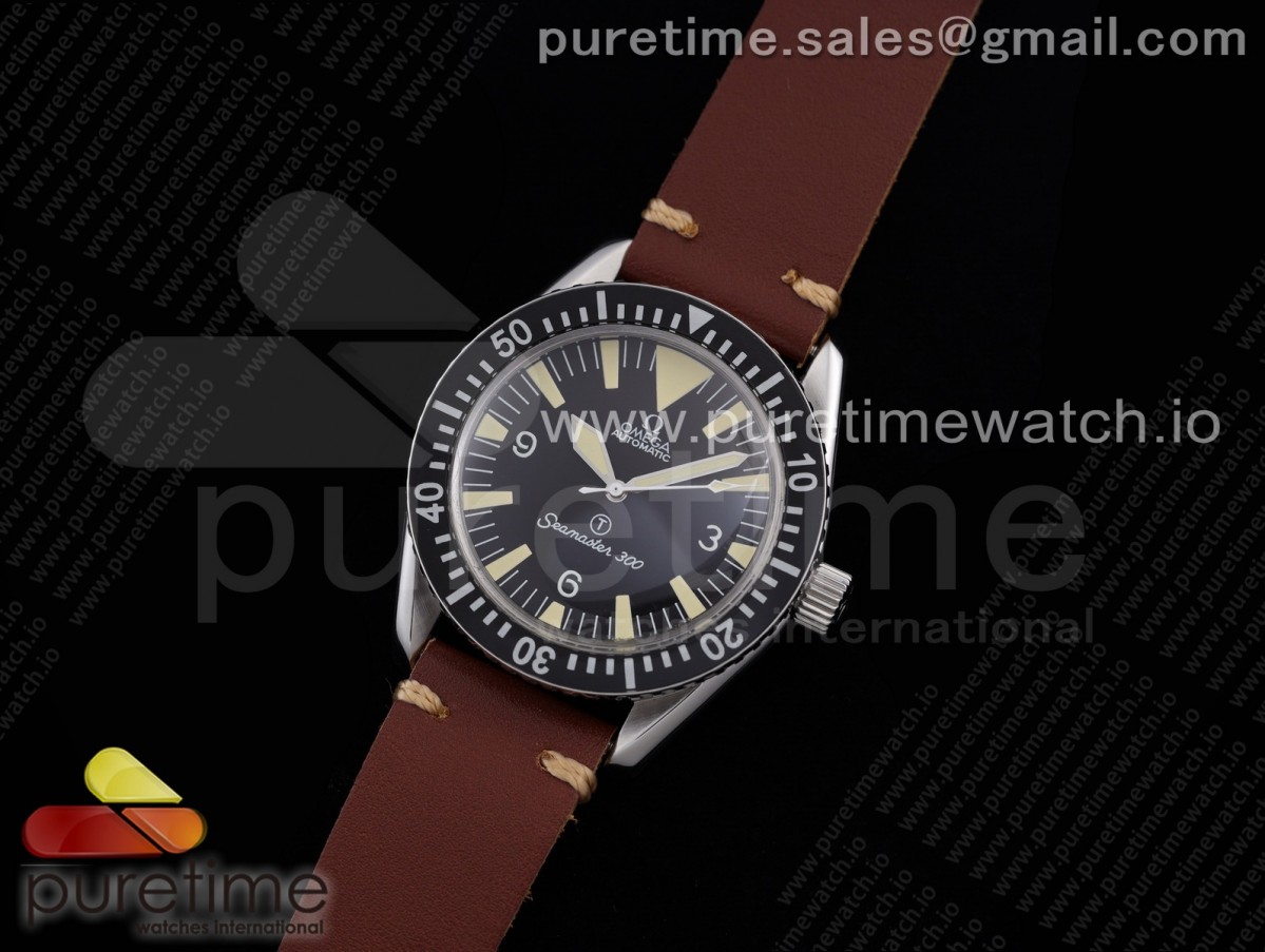 OXF 오메가 씨마스터 빈티지 300 블랙다이얼 브라운가죽스트랩 Vintage Seamaster 300 OXF Best Edition Black Dial on Brown Leather Strap A2836 Style 2