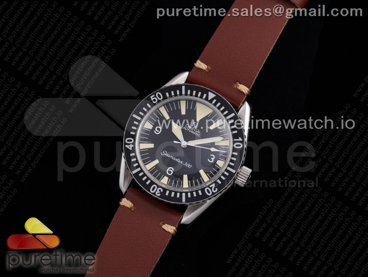 OXF 오메가 씨마스터 빈티지 300 블랙다이얼 브라운가죽스트랩 Vintage Seamaster 300 OXF Best Edition Black Dial on Brown Leather Strap A2836 Style 1