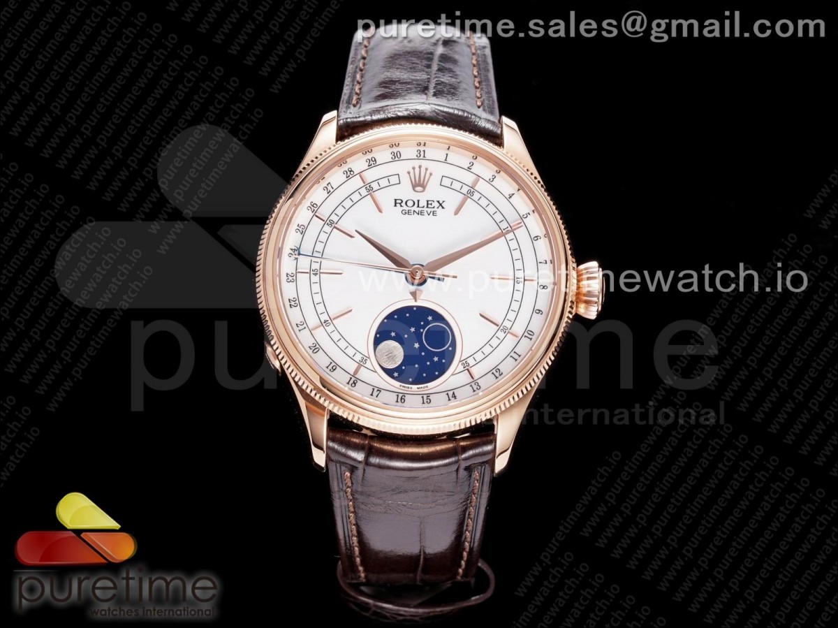 KZF 롤렉스 셀리니 문페이즈 로즈골드 화이트다이얼 브라운가죽스트랩 Cellini 50535 Moonphase RG KZF Best Edition White Dial on Brown Leather Strap A3195