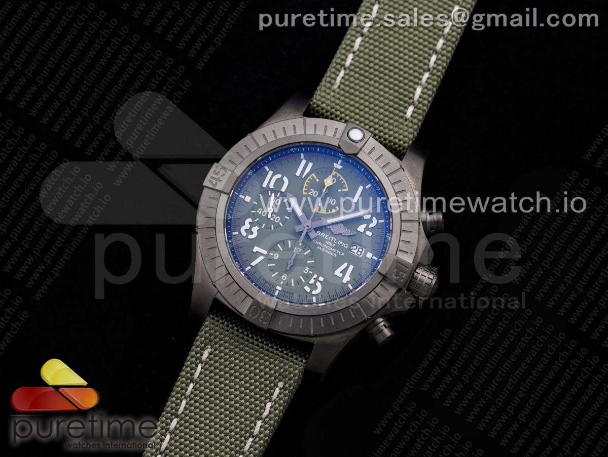 OXF 브라이틀링 어벤져2 씨울프 크로노 PVD티타늄 그린다이얼 그린나일론스트랩 Avenger II Seawolf Chronograph PVD Titanium OXF Best Edition Green Dial on Green Nylon Strap A7750