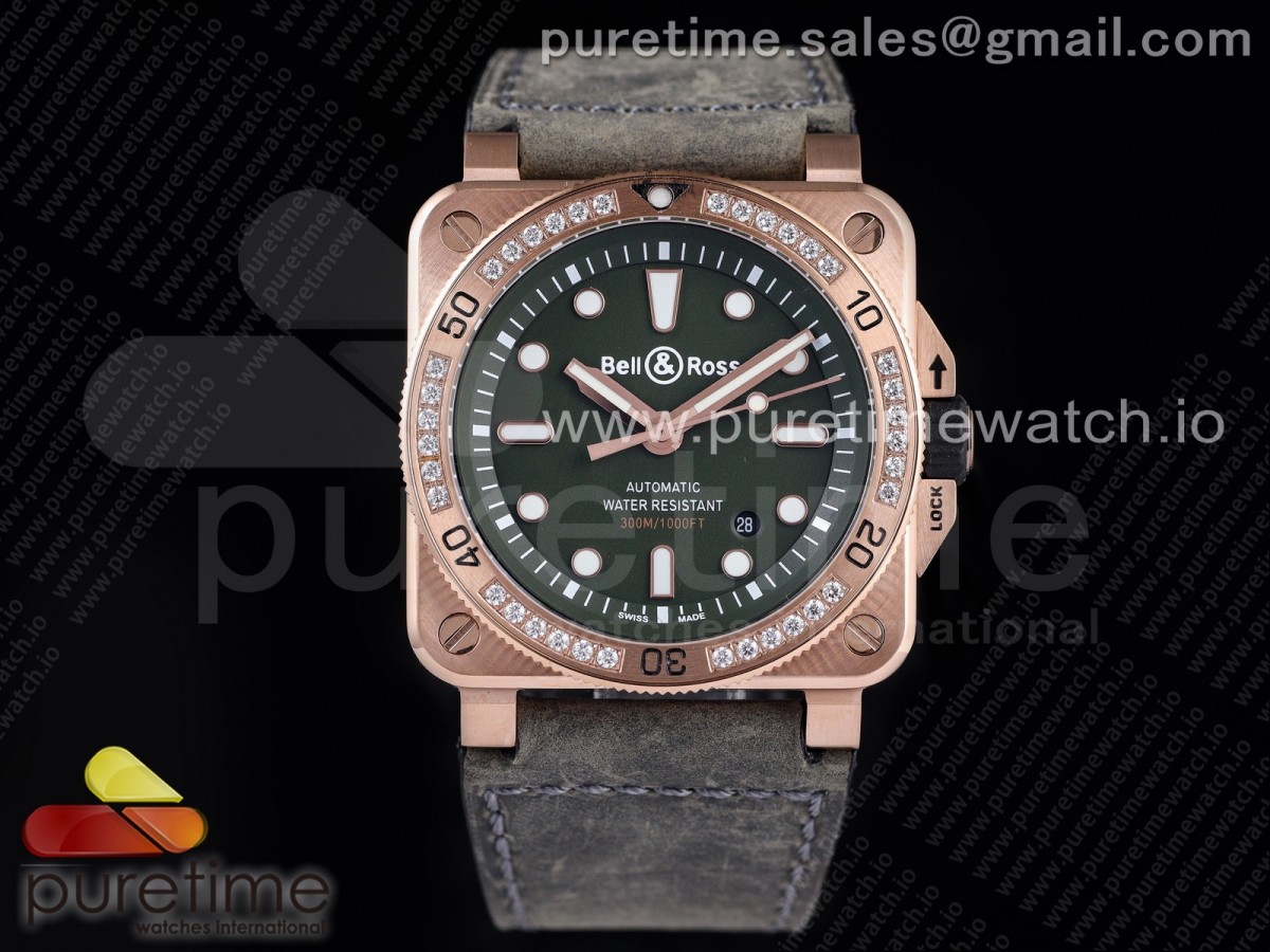 OXF 벨앤로스 다이버 BR 03-92 로즈골드 그린다이얼 다이아베젤 그린가죽스트랩 BR 03-92 Diver RG OXF 1:1 Best Edition Green Dial Diamond Bezel on Green Asso Strap MIYOTA 9015 (Free Nylon Strap)